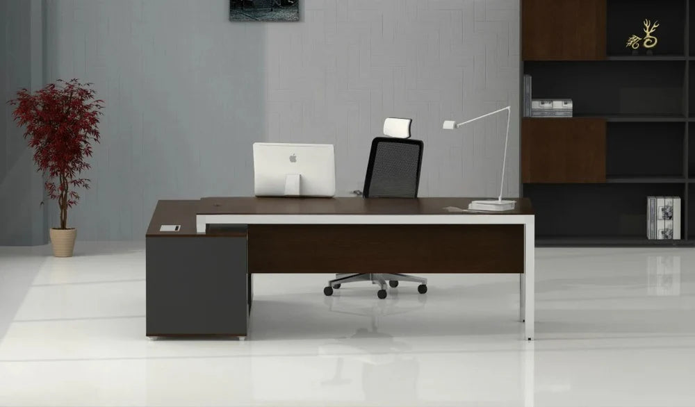 Director L-Shape Table Luxury Modern Office Desk Made in MDF with MS Metal Frame Multi Drawers and Storage & CPU Space