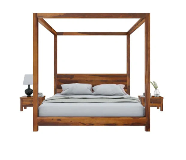 Wooden Bed Handcrafted Poster Bed – Elegant Natural Finish with Grand Canopy Frame, Available in Queen and King Sizes
