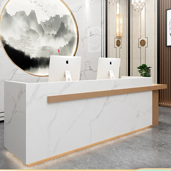 Reception Table for Office Luxury Modern Round Custom Counter Stylish Design Made in MDF with Marble Pattern and drawer Keyboard tray and CPU Space and Storage