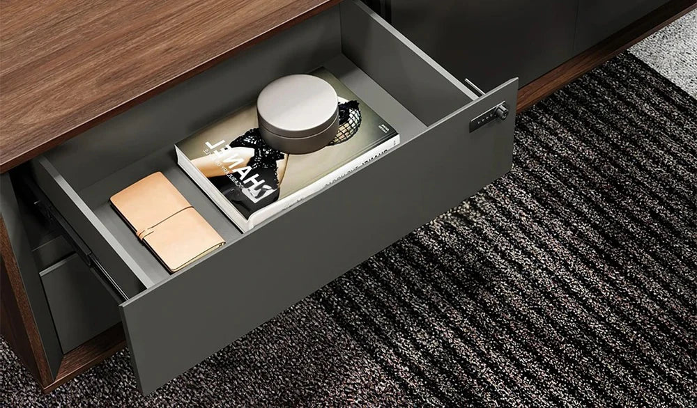 Director L-Shape Table Luxury Modern Office Desk with MDF & Walnut Laminate, Side unit Storage & Inbuilt Power Box