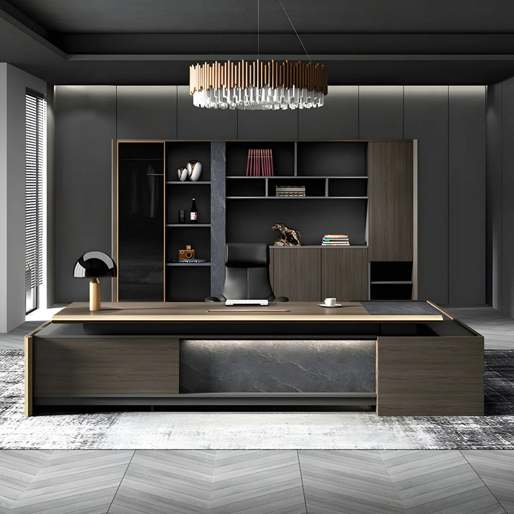 Director & Executive L-Shape Office Table Luxury Desk Made in MDF Side Unit Drawer and Storage Wire Manager