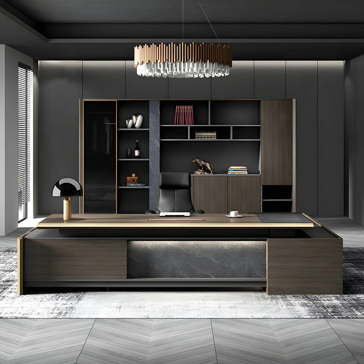 Director & Executive L-Shape Office Table Luxury Desk Made in MDF Side Unit Drawer and Storage Wire Manager
