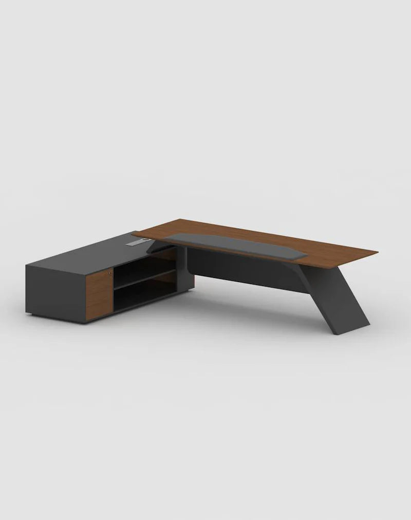 Director & CEO Office Table L-Shape Luxury Storage and Leathere Pad & Wire Manager