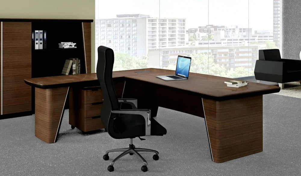 Director L-Shape Office Table Luxury Design Made in MDF with Wire manager, Side Unit and Drawers, storage