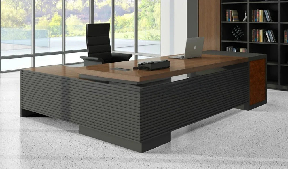 Director L-Shape Table Luxury Modern Office Desk Made in MDF with Wire Manager Side Unit and Openable Storage