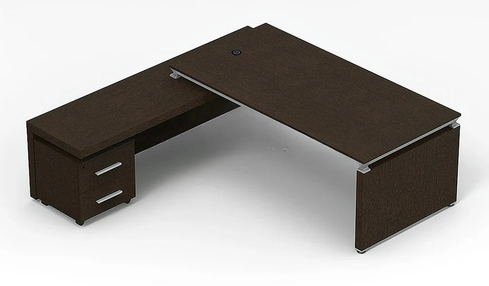 Director L-Shape Table Luxury Modern Office Desk Made in Plywood with Aluminum Frame & Integrated Wire Manager and Pedestal