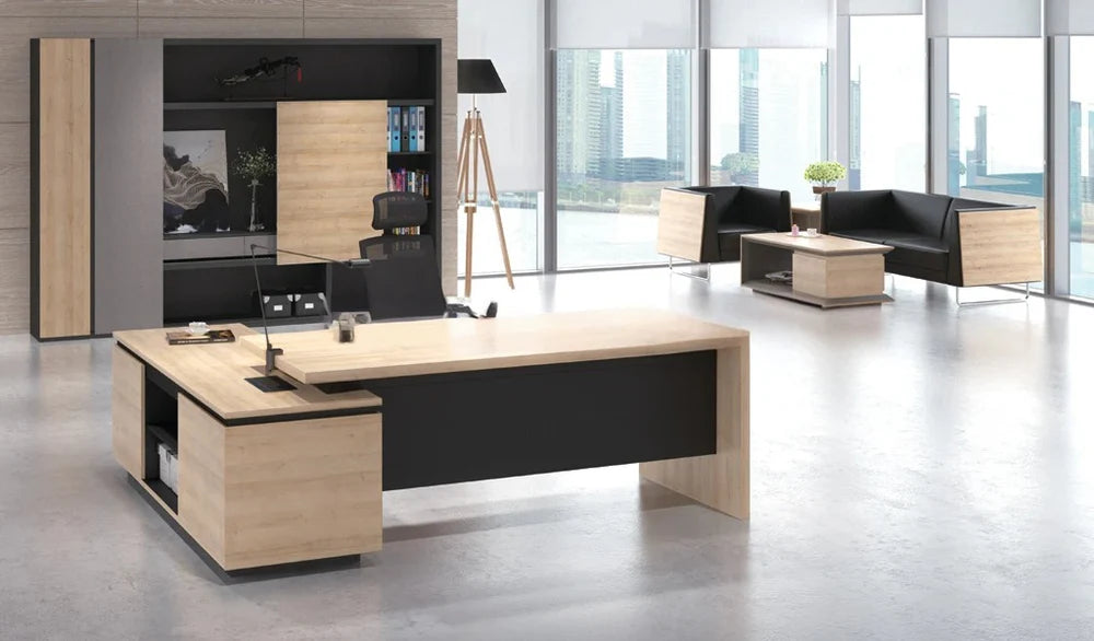 Director L-Shape Table Luxury Modern Office Desk with Made in MDF and Drawers, Shelves, and CPU Storage Space & Charcoal Black