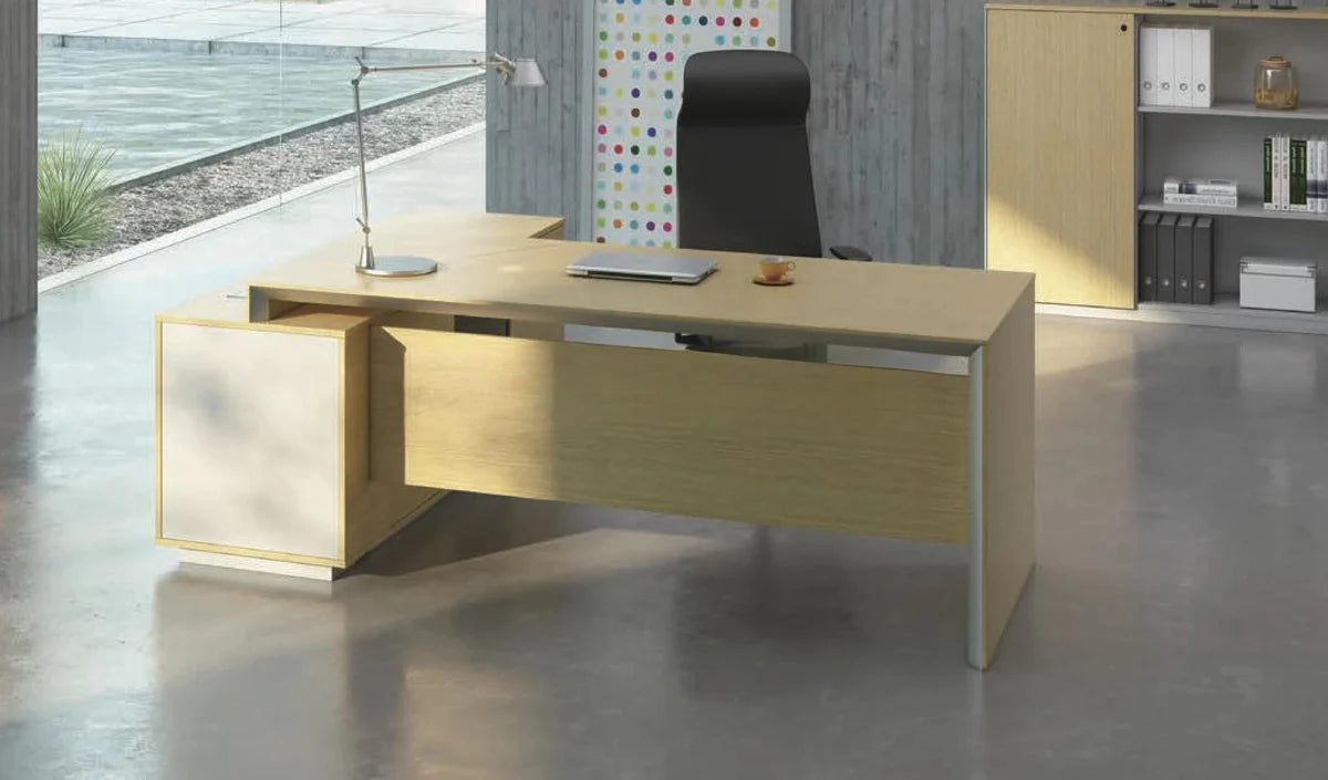 Director L-Shape Table Luxury Modern Office Desk Made in Plywood with Wire Manager Side unit drawers and Openable Storage