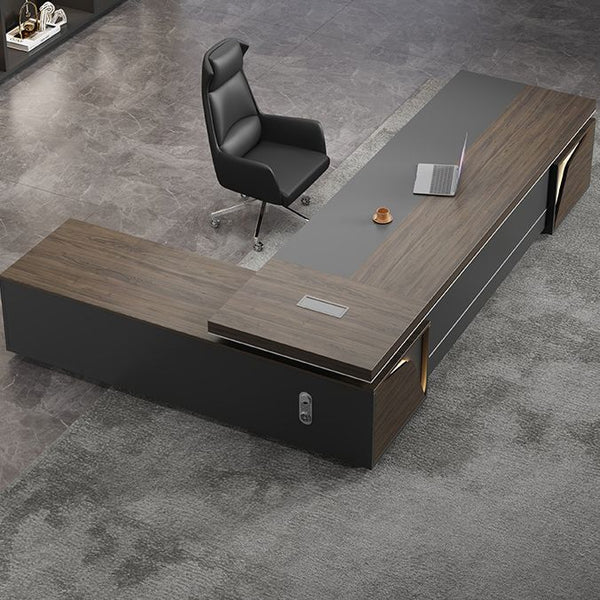 Director & Executive L-Shape Office Table Luxury Desk Made in Particle Board with Side Unit Drawer and Storage Wire Manager