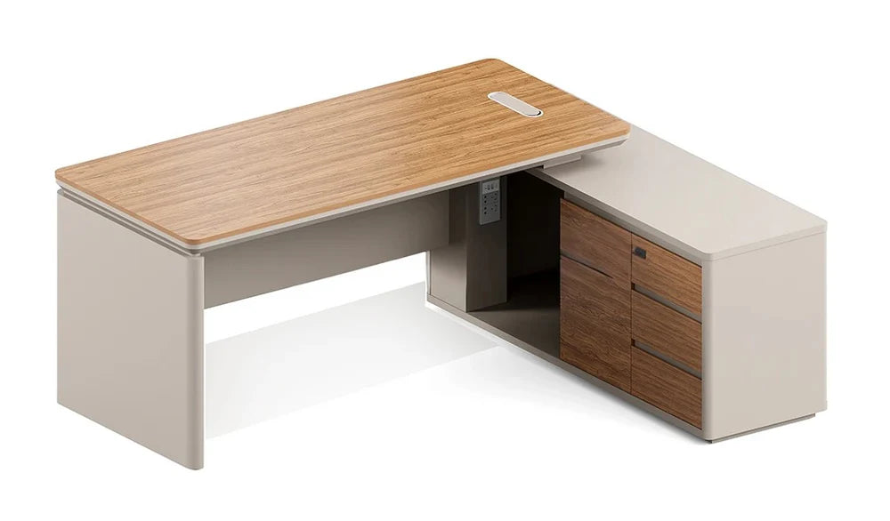 Director L-Shape Office Table Luxury Design and side Unit with Side unit, Wire Management, and Golden Sandal Wood & Seagull Gray