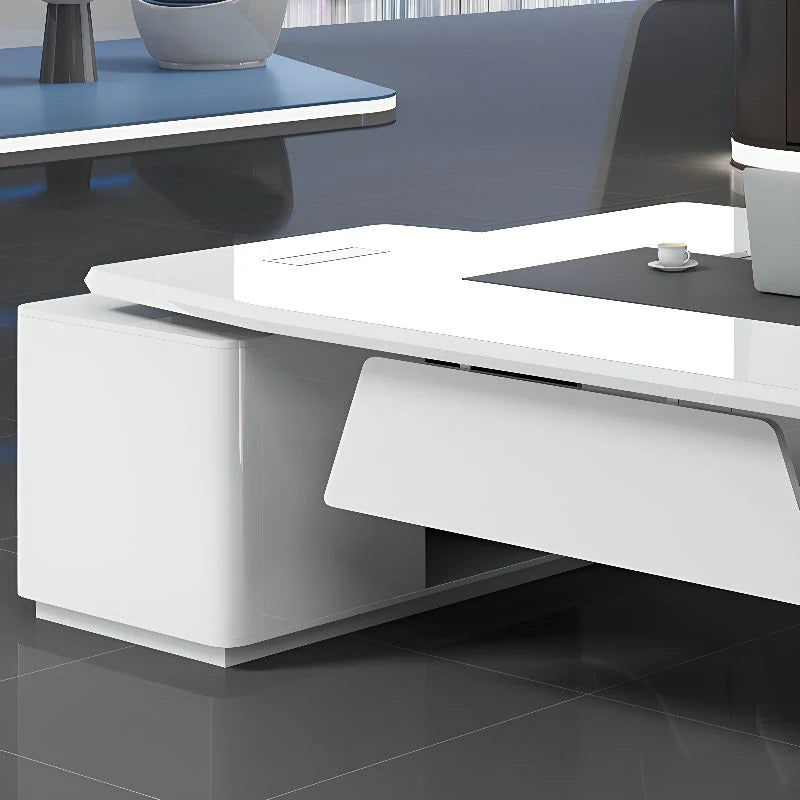 Luxury Director L-Shape Office Table Desk Made in Plywood with Veneer Wire Manager Drawers Lockable and Storage for a Modern Workspace
