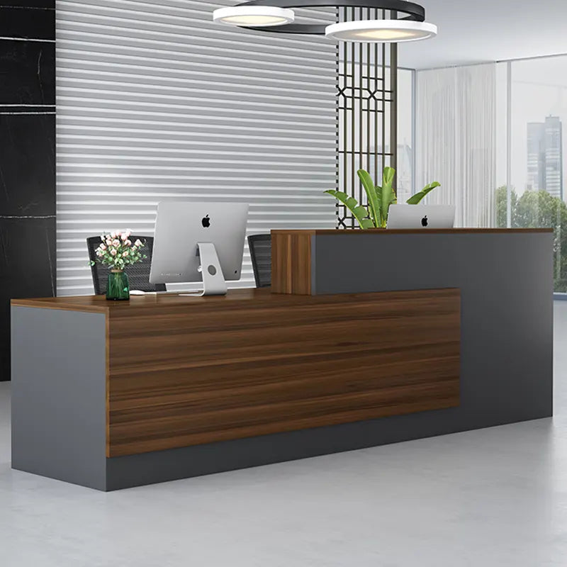 Reception Table for Office Luxury Modern Counter Stylish Design and Drawers Bookshelf Ample Storage & Openable Storage - Grey & Brown