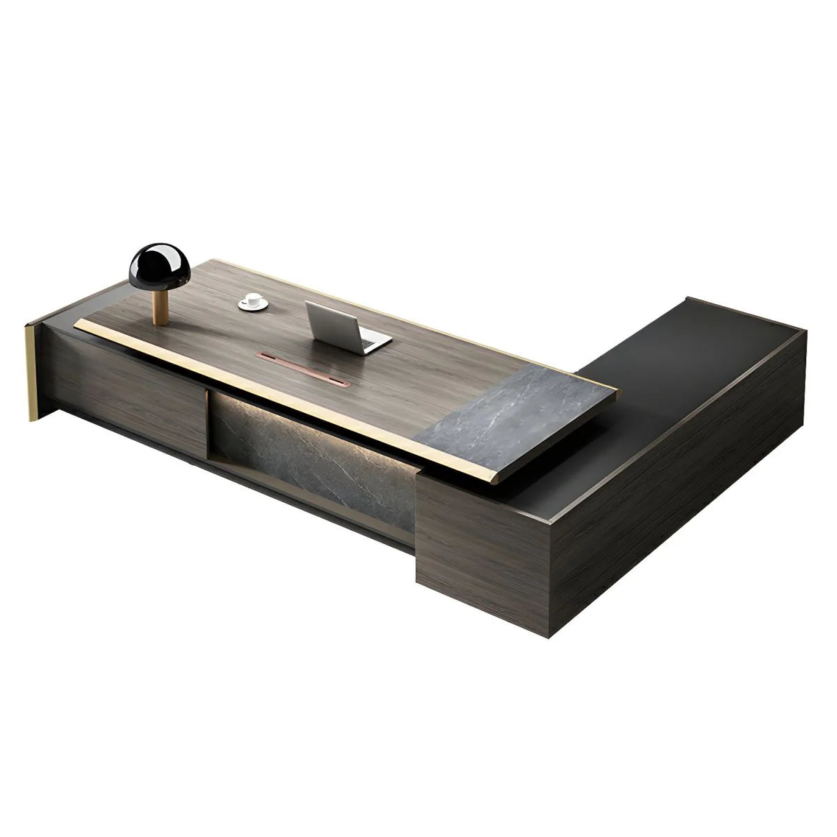 Director & Executive L-Shape Office Table Luxury Desk Made in MDF Side Unit Drawer and Storage Wire Manager
