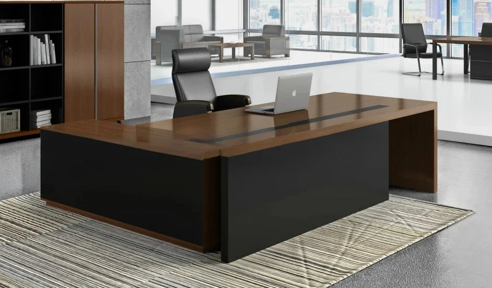 Director L-Shape Table Luxury Modern Office Desk Made in Plywood with Side unit drawers and Openable Storage & Pedestal