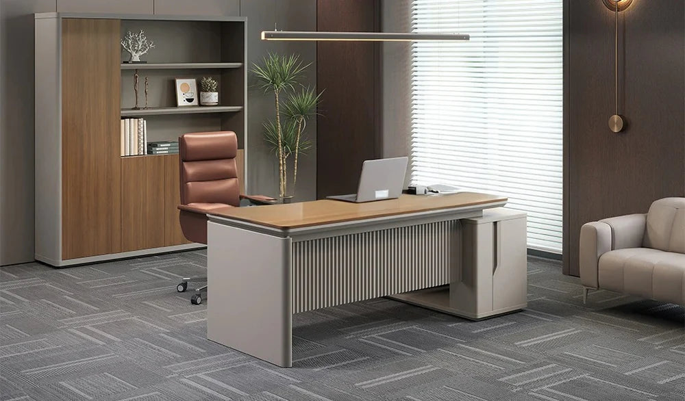 Director L-Shape Office Table Luxury Design and side Unit with Side unit, Wire Management, and Golden Sandal Wood & Seagull Gray