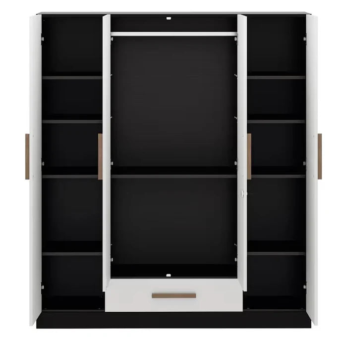 Wooden Wardrobe In 4 Doors – Clean Design with Lock and Open Shelves