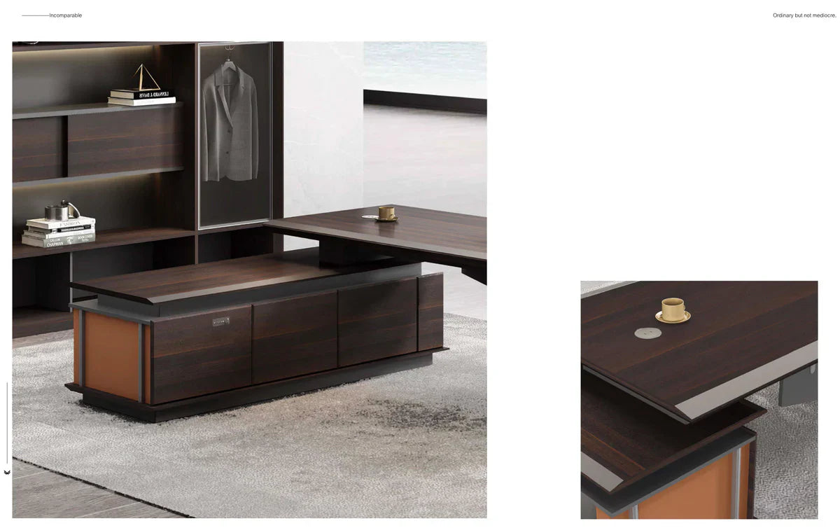 Luxury Modern L-Shape Office Desk with Side Unit and Storage in Brown Walnut Multi-Functional MDF with Wire Management