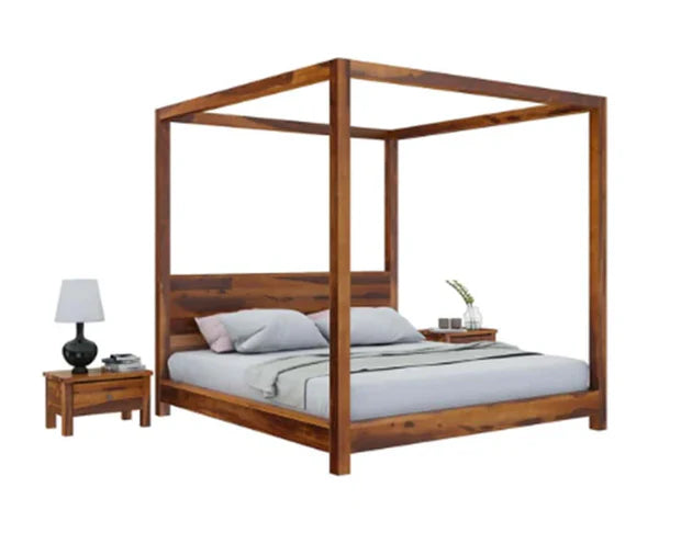 Wooden Bed Handcrafted Poster Bed – Elegant Natural Finish with Grand Canopy Frame, Available in Queen and King Sizes