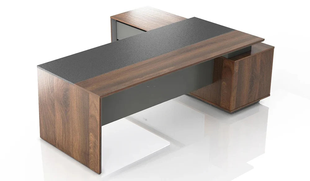 Director L-Shape Table Luxury Modern Office Desk with MDF & Walnut Laminate, Side unit Storage & Inbuilt Power Box