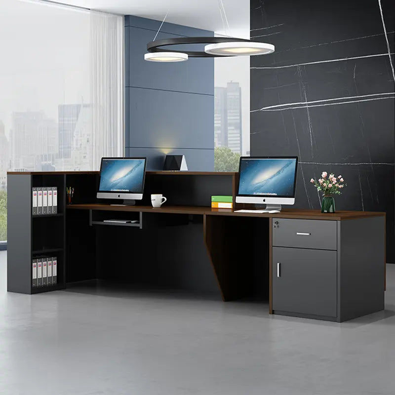 Reception Table for Office Luxury Modern Counter Stylish Design and Drawers Bookshelf Ample Storage & Openable Storage - Grey & Brown