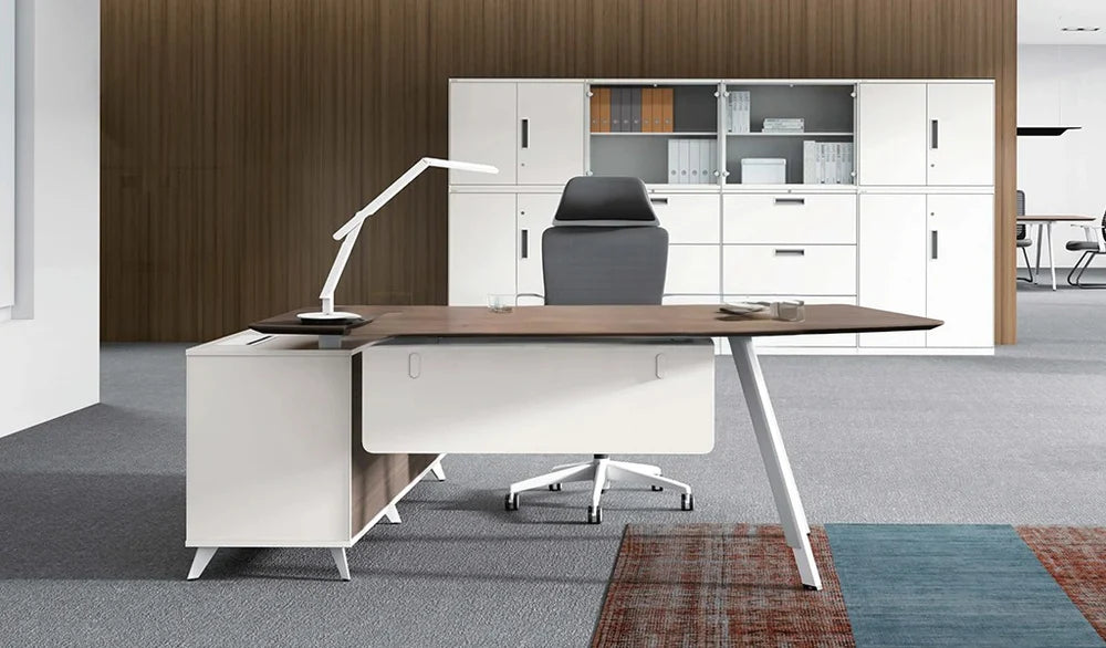 Director L-Shape Office Table Luxury Design and side unit Ergonomic Curved Top and Wire Manager & Metal Legs