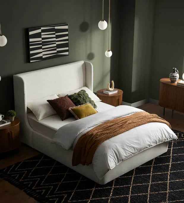 king‑size Velvet Upholstered Bed with headboard, support legs, and seamless box‑spring‑free setup—luxurious, modern elegance.