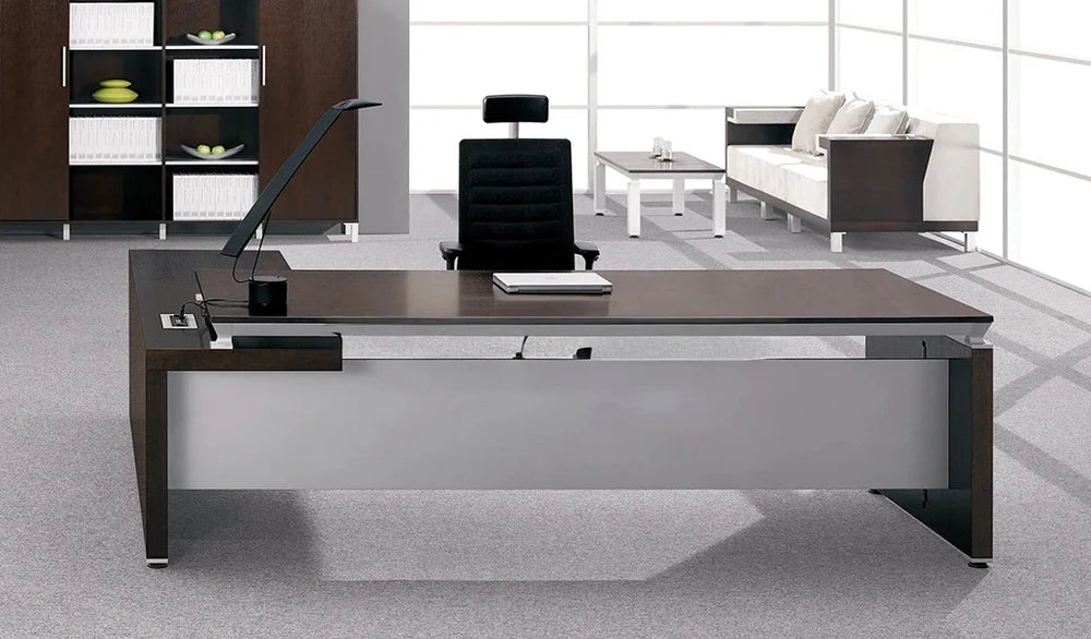 Director L-Shape Table Luxury Modern Office Desk Made in Plywood with Aluminum Frame & Integrated Wire Manager and Pedestal