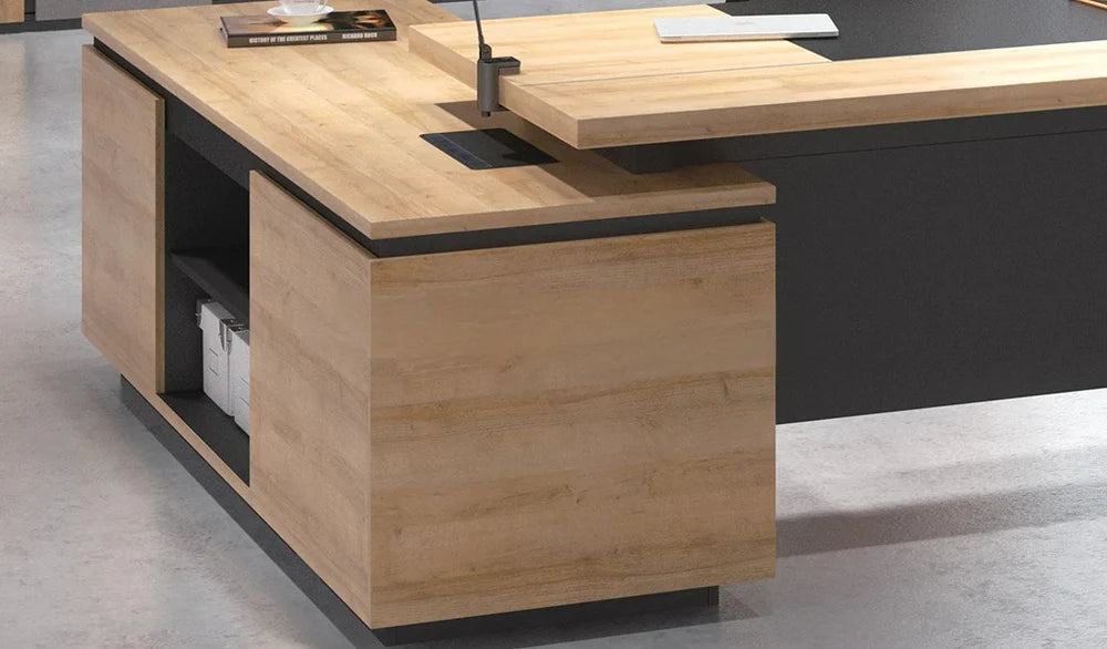 Luxury Director L-Shape Office Table and Side Unit with Side Unit , Wire Management, and Charcoal Black Panel