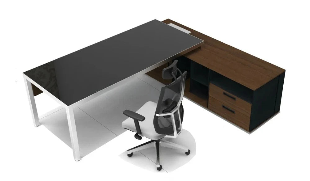 Director L-Shape Table Luxury Modern Office Desk Made in MDF with MS Metal Frame Multi Drawers and Storage & CPU Space