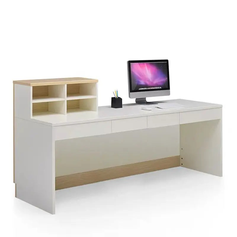 Reception Table for Office Counter Stylish Design Made in MDF and Multi Drawers & Round Wire Manager - Off White Color