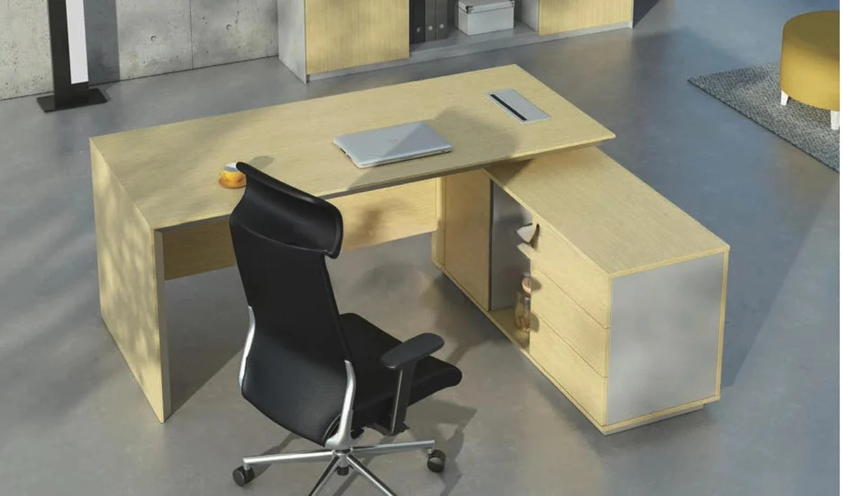 Director L-Shape Table Luxury Modern Office Desk Made in Plywood with Wire Manager Side unit drawers and Openable Storage