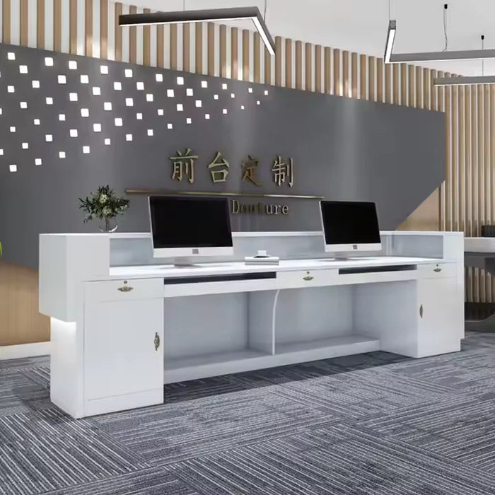 Reception Table for Office Luxury Modern Counter Stylish Design Made in MDF and LED Light Multi Drawers & Round Wire Manager Openable Shutter- White Color