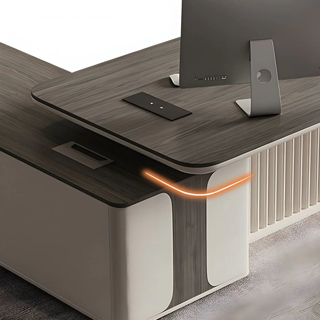 Director & Executive L-Shape Office Table Luxury Desk Made in MDF with Reversible Orientation Side Unit Drawer and Storage Wire Manager & CPU Storage