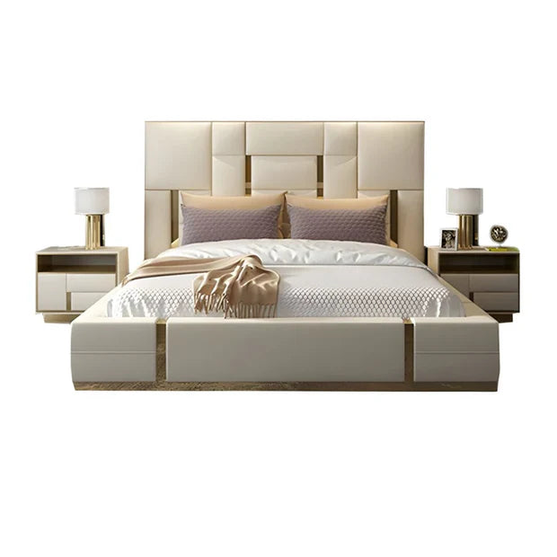Queen Bed for Home Furniture with Upholstered headboard with sleek metal accents for your luxury Bedroom.;