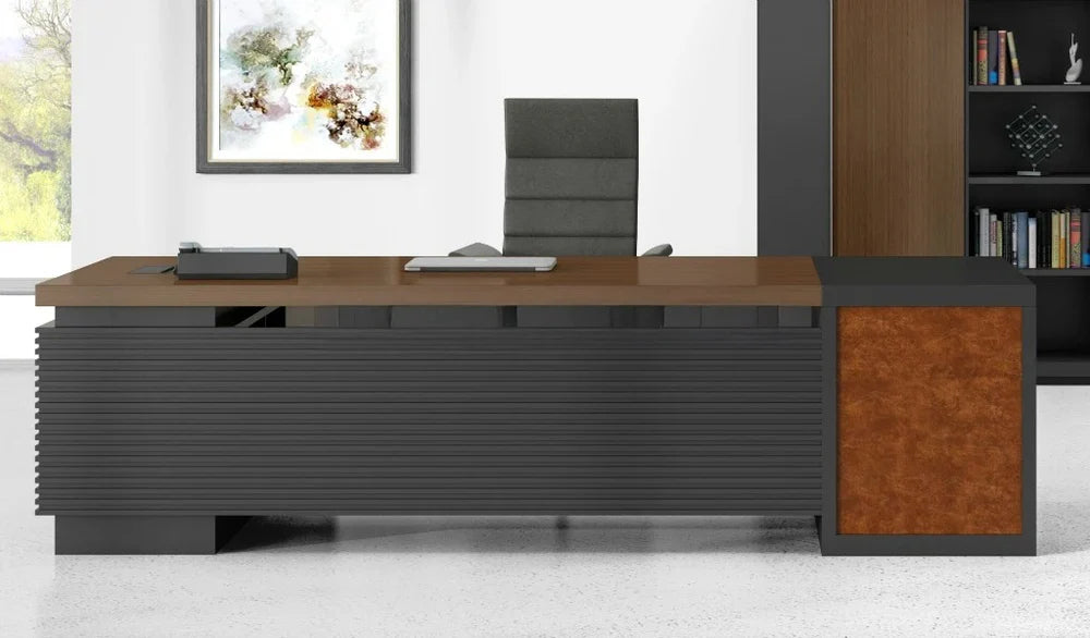 Director L-Shape Table Luxury Modern Office Desk Made in MDF with Wire Manager Side Unit and Openable Storage