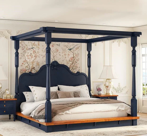 Poster Bed in Solid Sheesham Wood with Handcrafted Headboard, Two-Tone Finish, and Royal Design