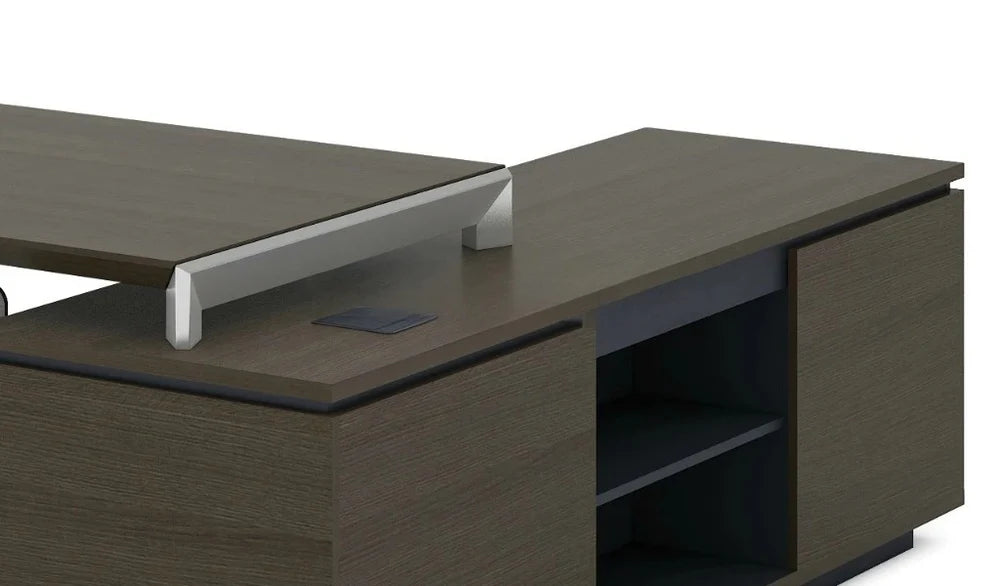 Director L-Shape Table Luxury Modern Office Desk with Made in MDF and Drawers & Storage Wire Management Dark Oak & Carbon Gray