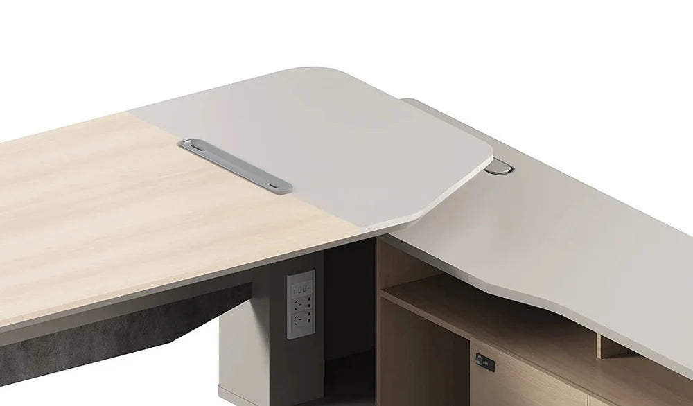 Director L-Shape Table Luxury Modern Office Desk with Made in MDF and Drawers, Shelves, and CPU Storage Space & White, Seagull Gray Finish
