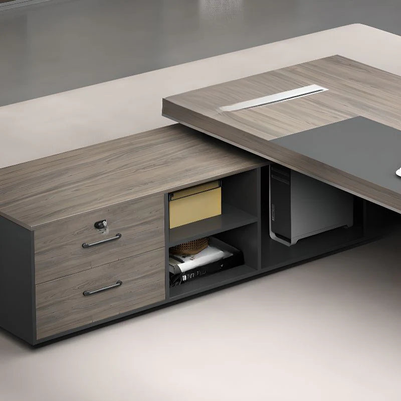 Director L-Shape Office Table Luxury Desk with Locking Drawer, CPU Storage, Desk Return, and Organized Wiring System