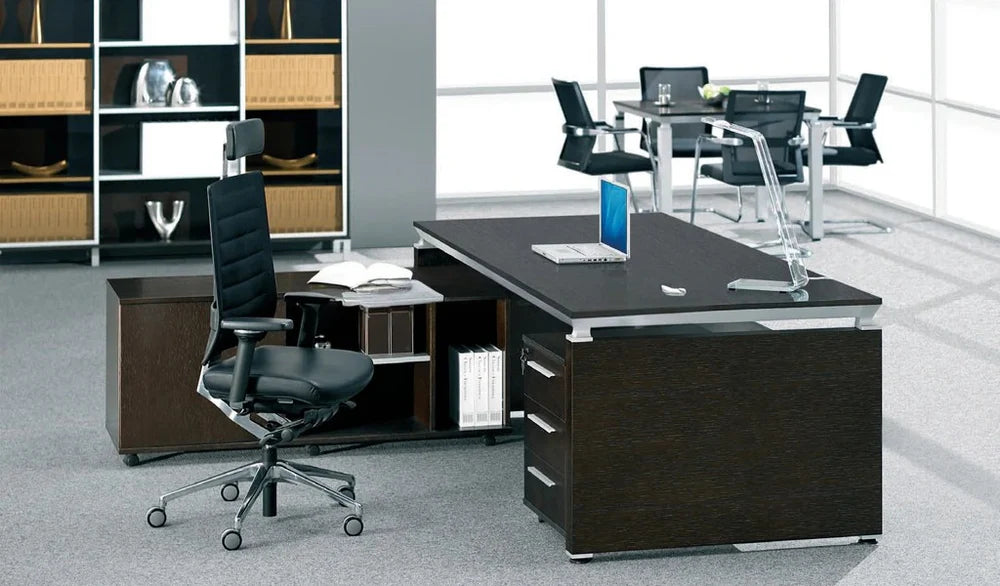Director L-Shape Table Luxury Modern Office Desk Made in Plywood with MS Metal Alloy Frame Multi Drawers and Storage & CPU Space
