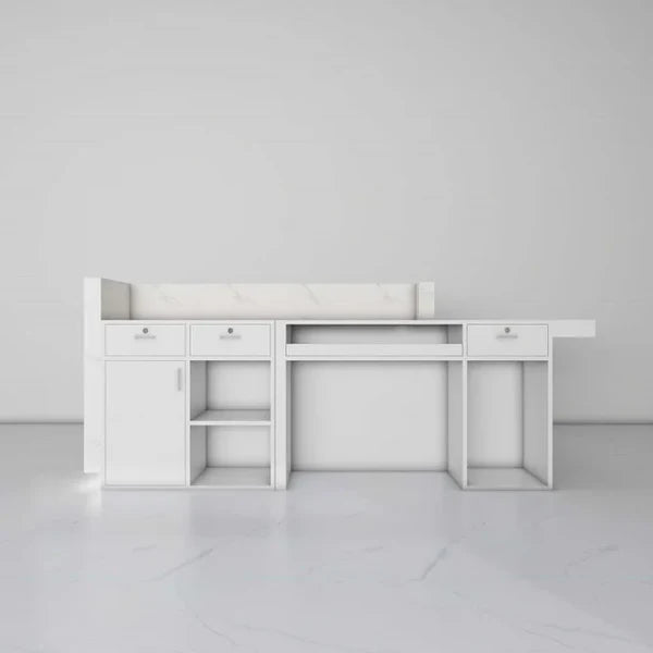Reception Table for Office Luxury Modern Round Custom Counter Stylish Design Made in MDF with Marble Pattern and drawer Keyboard tray and CPU Space and Storage