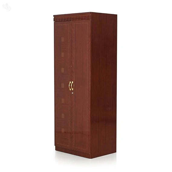 2-Door Honey Brown Wardrobe with Hanging Space, Drawers & Shelf – Compact Yet Spacious Design