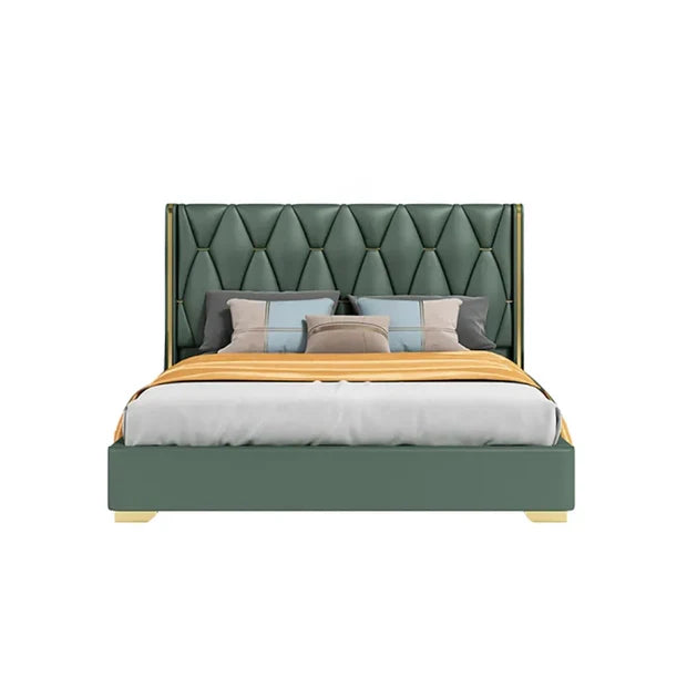 Modern Green Velvet Upholstered Bed with Gold-Tone Frame – Wooden Fram