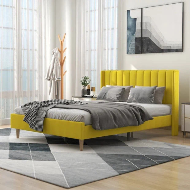 Modern Upholstered Bed – Headboard, Comfort, Solid Teakwood & Plywood Frame, Designer Legs