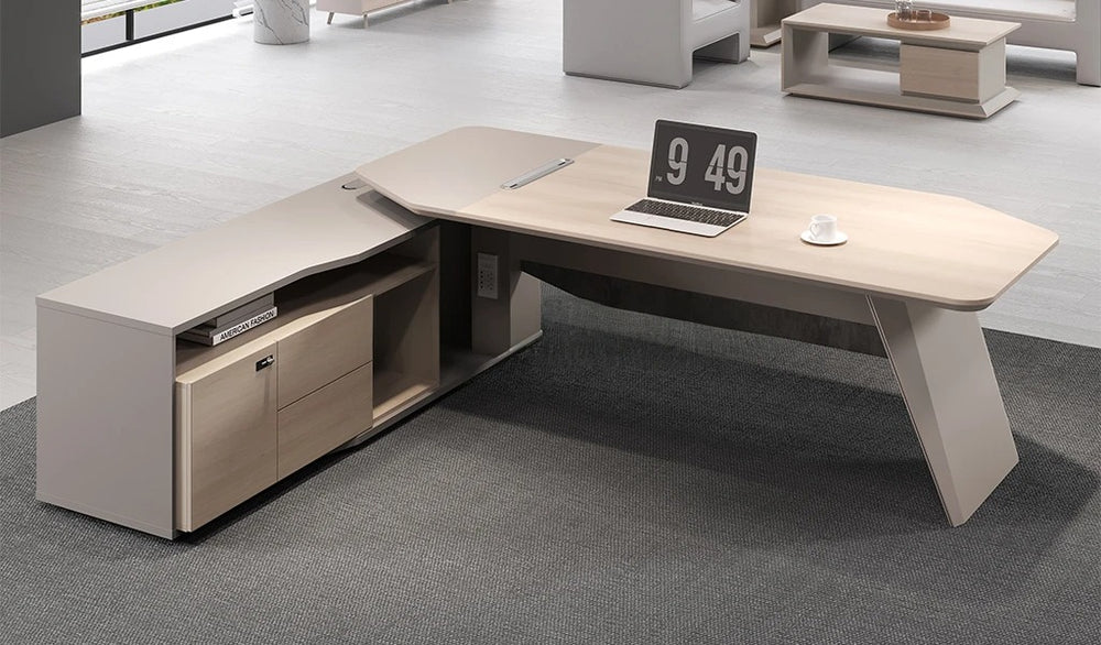 Director L-Shape Table Luxury Modern Office Desk with Made in MDF and Drawers, Shelves, and CPU Storage Space & White, Seagull Gray Finish