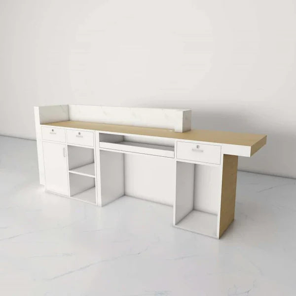 Reception Table for Office Luxury Modern Round Custom Counter Stylish Design Made in MDF with Marble Pattern and drawer Keyboard tray and CPU Space and Storage