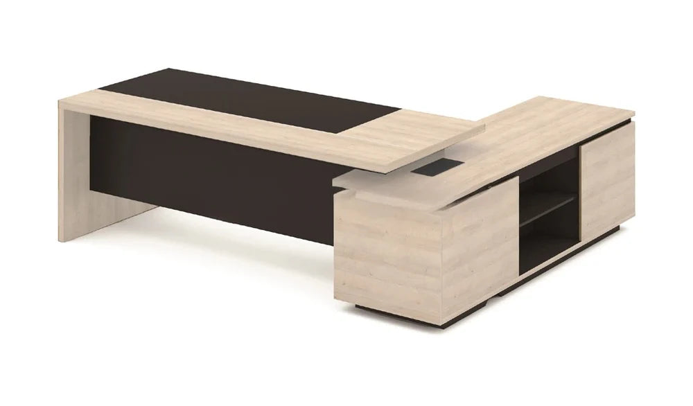 Director L-Shape Table Luxury Modern Office Desk with Made in MDF and Drawers, Shelves, and CPU Storage Space & Charcoal Black