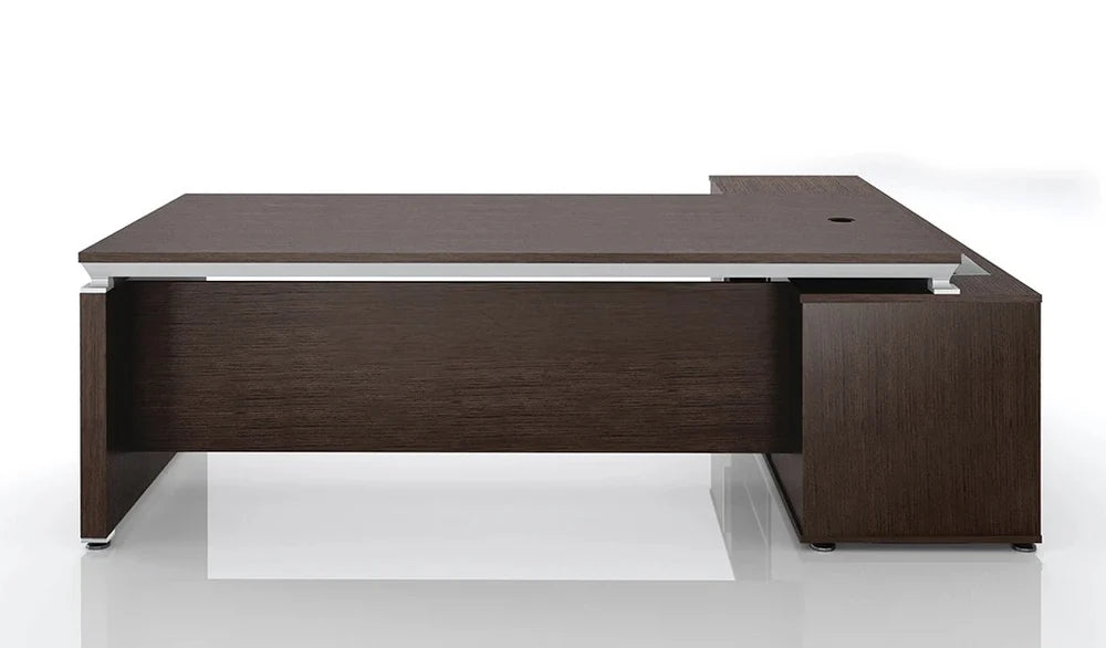 Director L-Shape Table Luxury Modern Office Desk with Made in Plywood and Dark Oak Veneer Wire Management