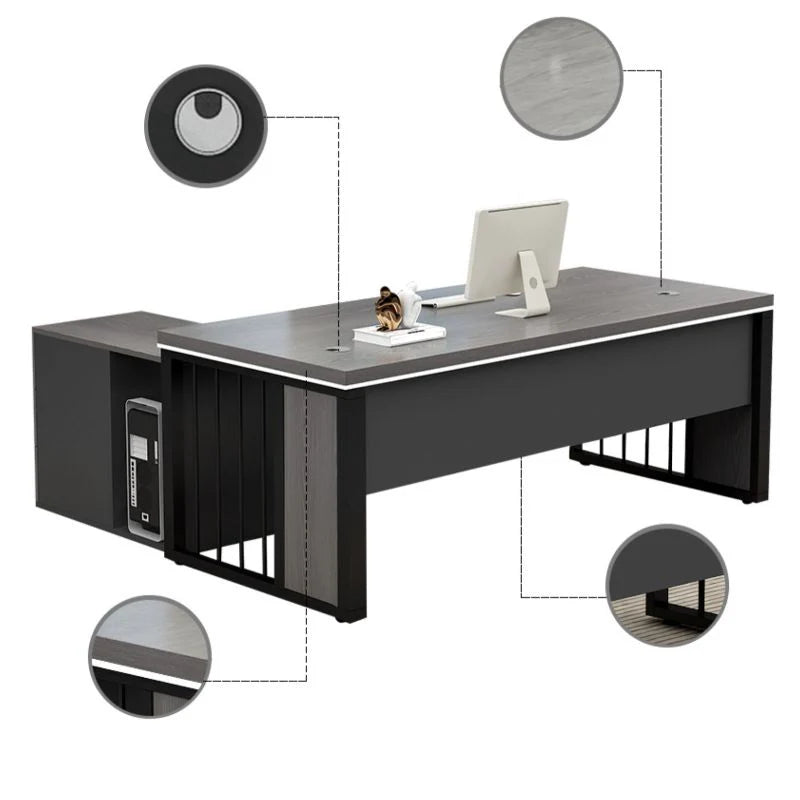Director L-Shape Office Table Desk Made in Plywood with Wire Manager Drawers Lockable and Storage CPU Space & Metal Base