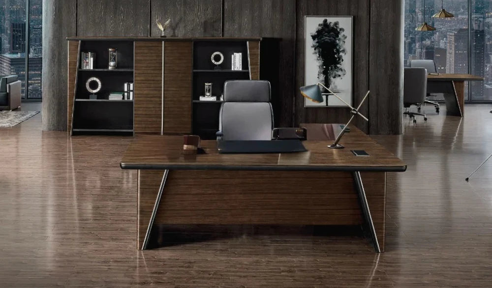 Director L-Shape Office Table Luxury Design Made in MDF with Wire manager, Side Unit and Drawers, storage